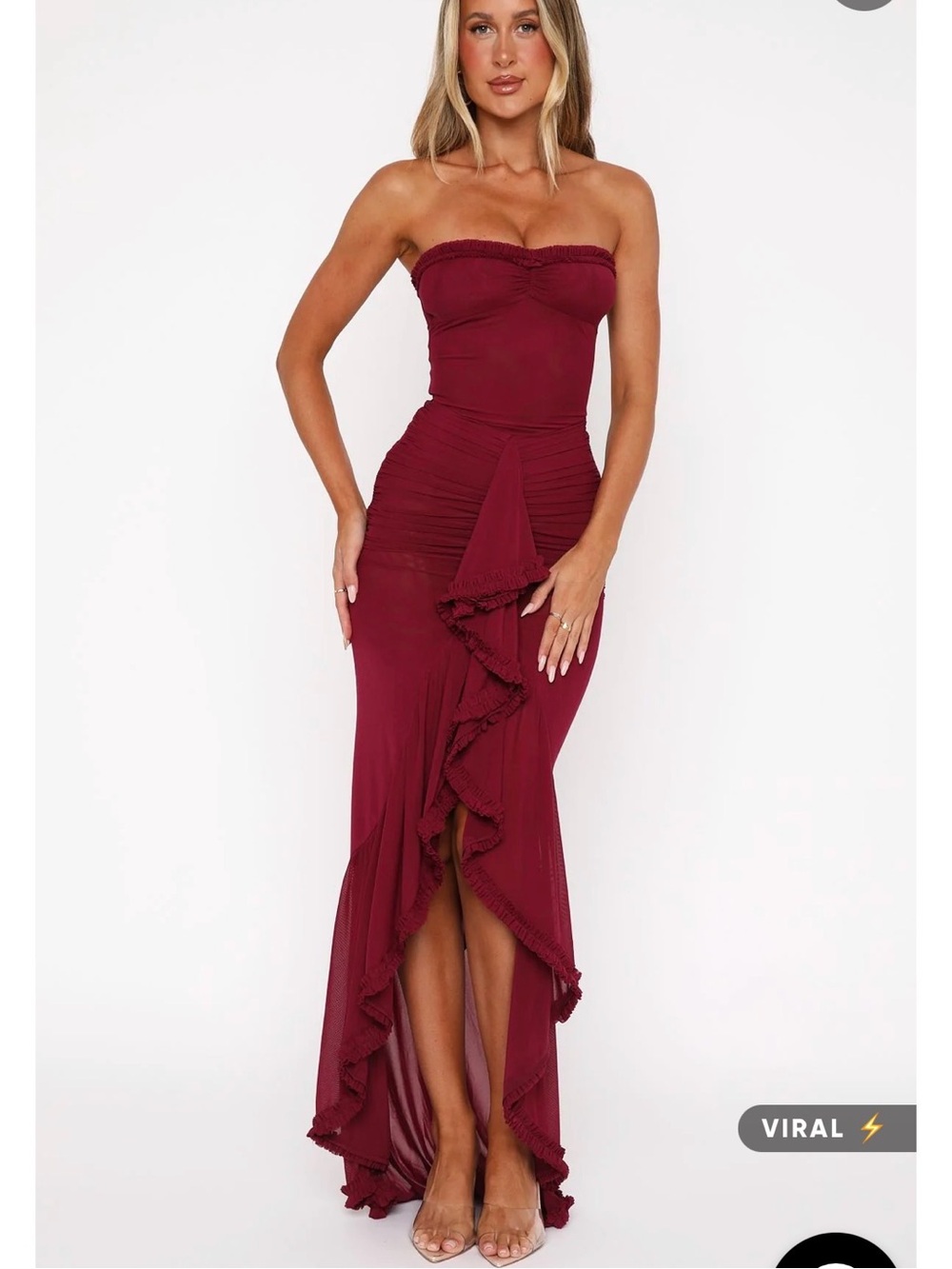 White Fox Boutique Strapless Ruffle-Front Maxi Dress in Burgundy